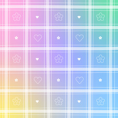 Cute Heart Flower Element Gradient Rainbow Pastel outline Gingham Pattern Editable Stroke. Cartoon Illustration, Mat, Fabric, Textile, Scarf, Wrapping Paper.