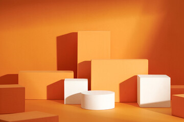 Front view of white and orange podium with and flower in a orange background for advertising , abstract content