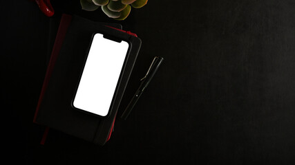 Smartphone white display mockup and copy space on black background.