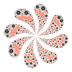 Rush virus icon curl burst flower fireworks composition. Flower burst combined using scattered rush virus symbols.