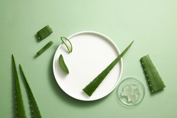 Aloe vera extract research in laboratory with a petri dish and a white dish dropper in light green background for aloe vera research advertising , photography science content , top view