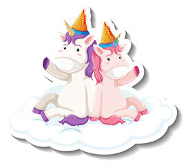 Cute unicorns sitting on the cloud cartoon sticker