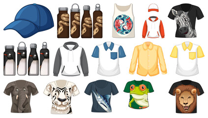 Set of different shirts and accessories with animal patterns