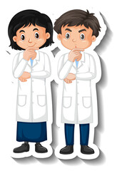 Fototapeta premium Scientist couple kids cartoon character sticker