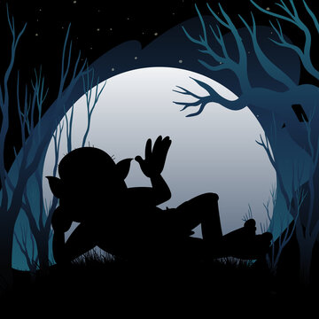 Silhouette background with full moon and troll