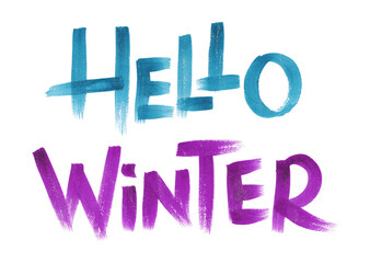 hello winter - hand lettering inscription text to winter design. Watercolor purple and blue calligraphy script