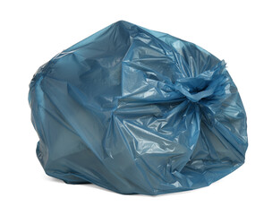 Blue trash bag filled with garbage isolated on white