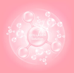 Drop water collagen pink. Vitamin solution complex with Chemical formula from nature. Beauty treatment nutrition skin care design. Medical and scientific concepts. 3D Realistic Vector EPS10.