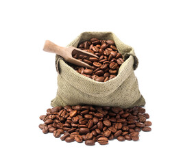 Sack and roasted coffee beans on white background