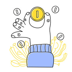 Hand hold coin. Saving money. Payment for products and sponsorship. Modern trendy flat cartoon illustration