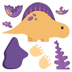 A set of cute dinosaurs for decorating the nursery, Mesozoic era stickers for children, Tyrannosaurus, Pterodactyl, Stegosaurus, Brachiosaurus in a flat style, isolated on a white. Vector illustration