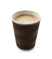 Aromatic coffee in takeaway paper cup isolated on white