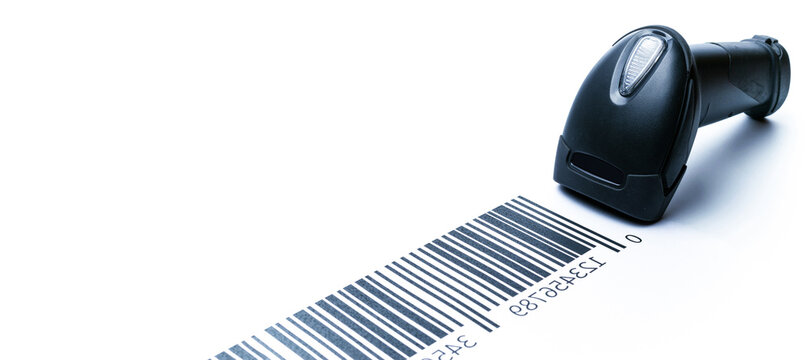 Barcode concept. Retail label barcode scan. Reader laser scanner for warehouse isolated on white background. Warehouse inventory management.