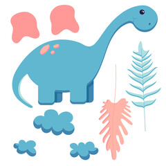 A set of cute dinosaurs for decorating the nursery, Mesozoic era stickers for children, Tyrannosaurus, Pterodactyl, Stegosaurus, Brachiosaurus in a flat style, isolated on a white. Vector illustration