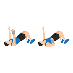 Naklejka premium Man doing Single arm. Floor glute bridge press exercise. Flat vector illustration isolated on white background. workout character set