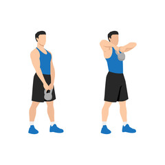 Man doing Upright kettlebell front rows exercise. Flat vector illustration isolated on white background. workout character set