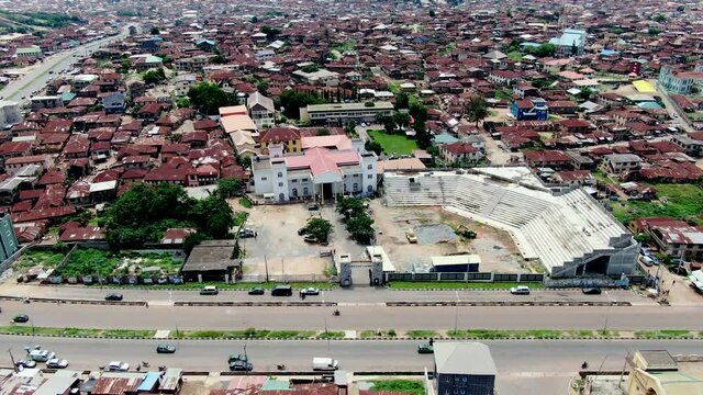 The Aafin Alake Palace and surrounding suburb in Abeokuta Town, Ogun State of Nigeria - aerial push in view