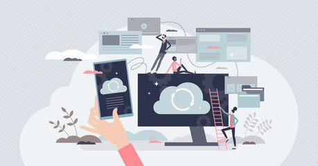 Backup system with cloud data storage for safe recovery tiny person concept. File sharing and protection with global networking software vector illustration. Computer technology with global connection
