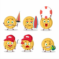 Happy Face dalgona candy house cartoon character playing on a beach