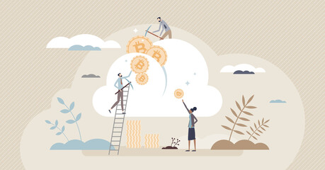 Cloud mining process with crypto currency data center tiny person concept. Wireless remote hosting method to get blockchain wealth and money vector illustration. Remote financial btc earning service.