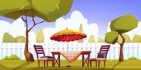 Backyard with fence, table, chairs, umbrella, green trees and grass. Vector cartoon illustration of summer landscape of patio or garden with furniture for picnic on lawn