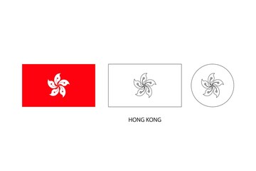 Hong Kong flag 3 versions, Vector illustration, Thin black line of rectangle and the circle on white background.
