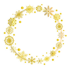 christmas wreath of gold snowflakes. Design element for festive banner, birthday and greeting card, postcard, wedding invitation. Vector illustration.
