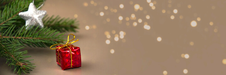 A gift on the background of a fir branch. Banner