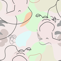 One line drawing. Abstract face seamless pattern.