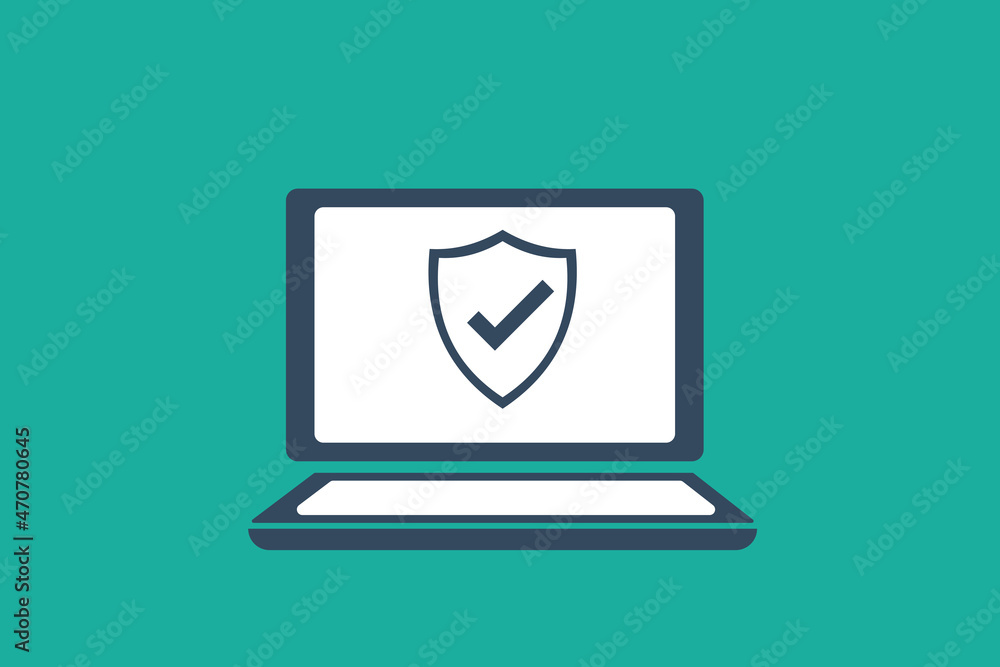 Poster green shield icon with checkmark on computer screen on white background for website, application, pr