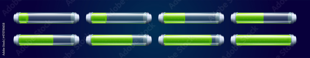 Poster game ui loading progress bars vector set, cartoon interface design elements. status and resources sc