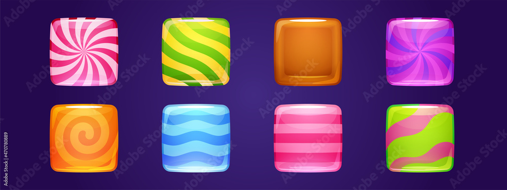 Poster set of candy app icons, game ui square buttons, cartoon lollipop menu interface, colorful blocks wit