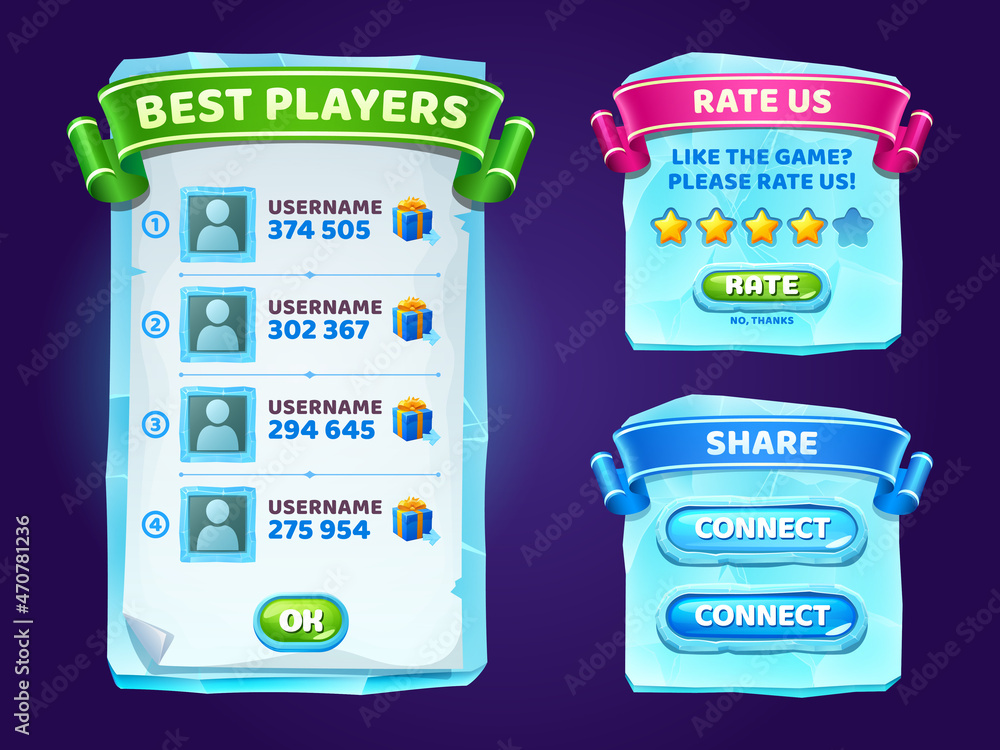 Poster ice crystals game menu, gamer ui panel with buttons, blue cartoon frozen interface with gui elements