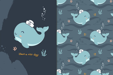 happy whale  seamless pattern