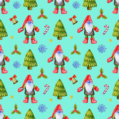 Seamless repetitive pattern with cute Christmas gnomes and fur trees and decorations depicted