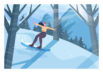 Female character on snowboard, freeriding. Snowboarder riding