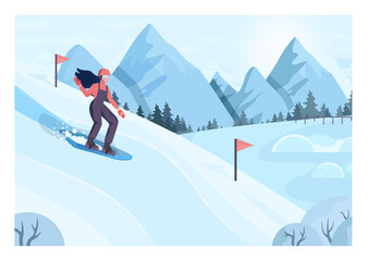 Female character on snowboard. Snowboarder riding down a hill. Ski resort