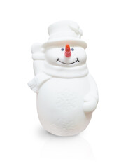 Snowman with red carrot nose, smile and black eyes wearing scarf and hat and waving with the hand...