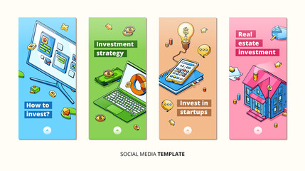 Investment strategies, invests in startup isometric cards. Laptop and pc monitor with data graphs and charts, real estate, smartphone, light bulb. Income analysis 3d vector line art vertical banners