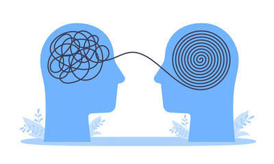 Psychologist consulting or mental problem solving brainstorm concept. Human heads with tangled chaos disorder turns into order line, finding solution. Coach, mentoring psychotherapy. Complex to simple