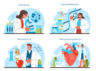 Bioengineering concept set. Biotechnology, gene therapy and research.