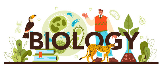 Biology typographic header. Scientist make laboratory analysis of life system