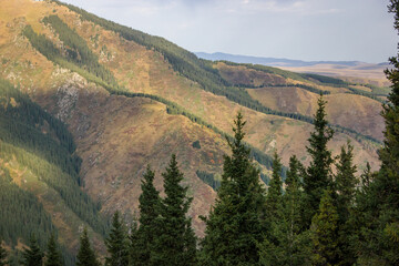 Beautiful Summer landscape: blue cloudy sky, green hills and distant mountains