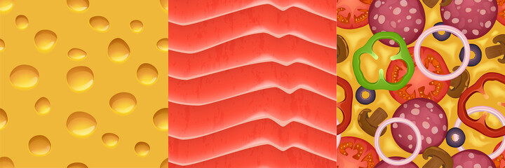 Cheese, tuna fish and pizza seamless textures for game, food repeated patterns, 3d backgrounds, graphic ui or gui layers design, cheddar, salmon and fastfood meals closeup view, vector illustration