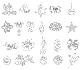 Isolated festive objects for Christmas tree decoration. Black and white festive balls, stars, candles with ribbons on white background. Elements for season design and coloring book