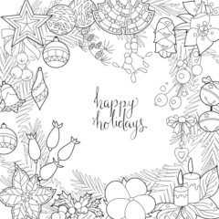 Cute Christmas square frame. Winter holiday decoration. Black and white elements. Traditional festive decor for season design. Hand drawn illustration for children and adults and coloring books.