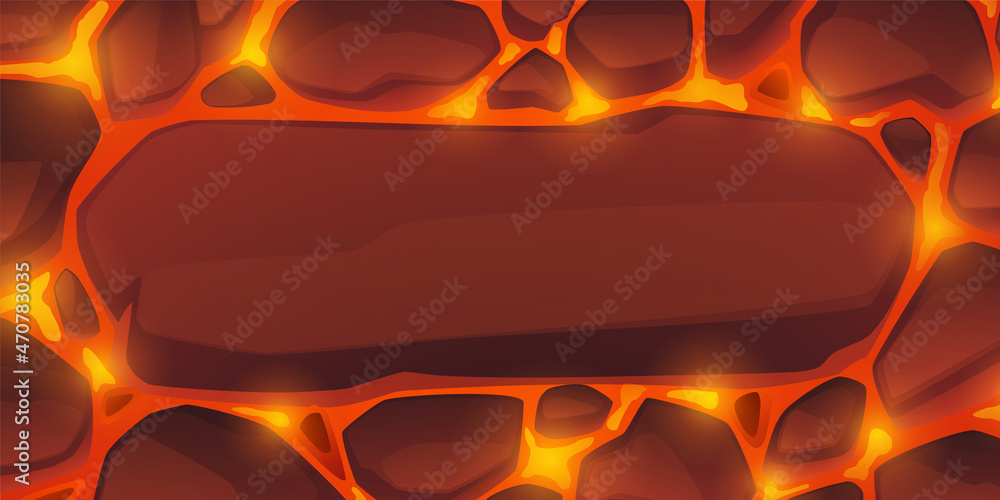 Poster background of lava with stones. banner with volcano eruption abstract pattern with hot molten magma.
