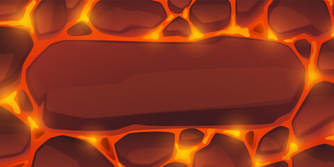 Background of lava with stones. Banner with volcano eruption abstract pattern with hot molten magma. Vector cartoon illustration of flowing liquid lava in rocks © klyaksun