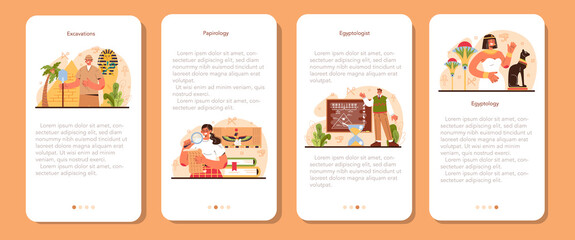 Egyptiology mobile application banner set. Ancient Egypt papyrus, pyramid