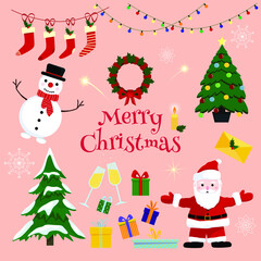 Set of Christmas decorations and characters: Santa Claus, Snowman, candle, wreath, Christmas tree, gifts, garlands, socks, snowflakes